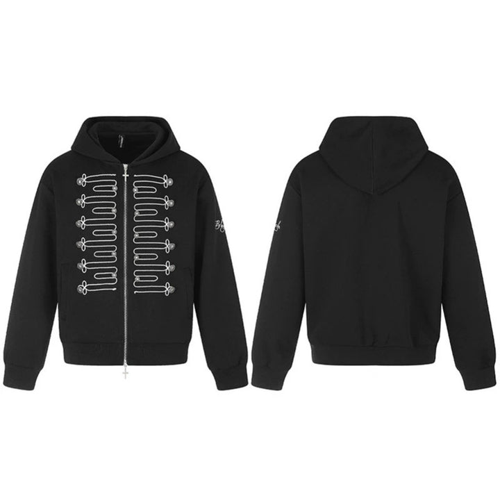 Unisex Zip-Kapuzenjacke im Military-Stil mit Zierkordeln und Metallknöpfen Drune
