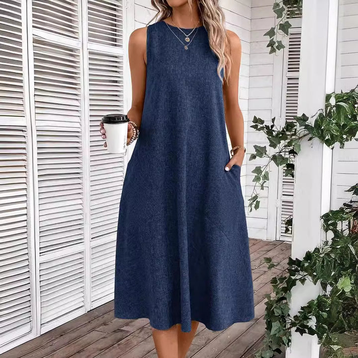 Damen lässiges Midi-Kleid mit tiefem Ausschnitt und praktischen Taschen Drune