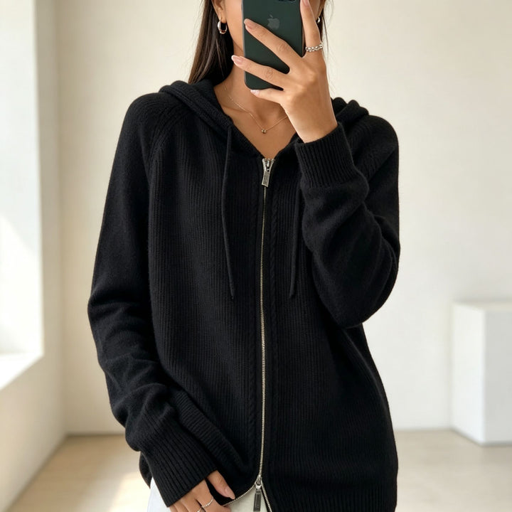 Damen Kapuzen-Cardigan mit Reißverschluss, feinem Feinstrick und gerippten Bündchen Drune