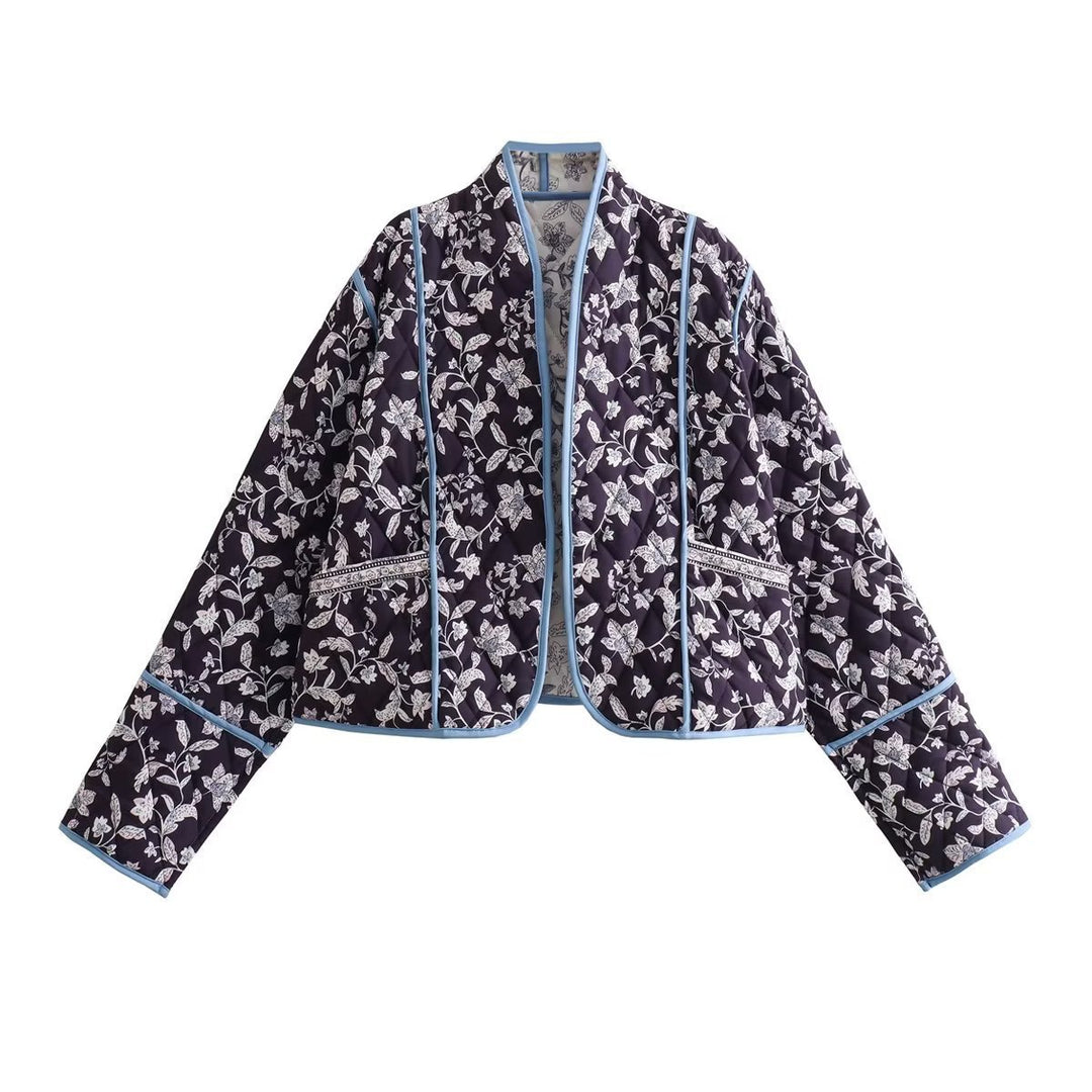 Damen Gestepptes Cropped-Steppjacke mit floralem Allovermuster und kontrastierender Paspelierung Drune
