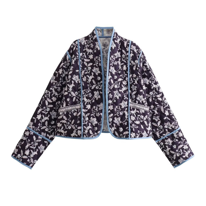 Damen Gestepptes Cropped-Steppjacke mit floralem Allovermuster und kontrastierender Paspelierung Drune