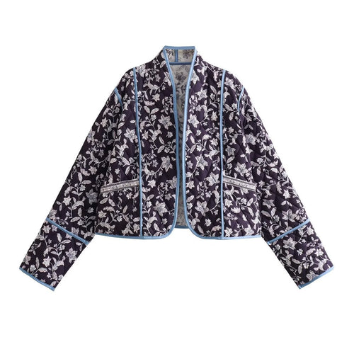 Damen Gestepptes Cropped-Steppjacke mit floralem Allovermuster und kontrastierender Paspelierung Drune