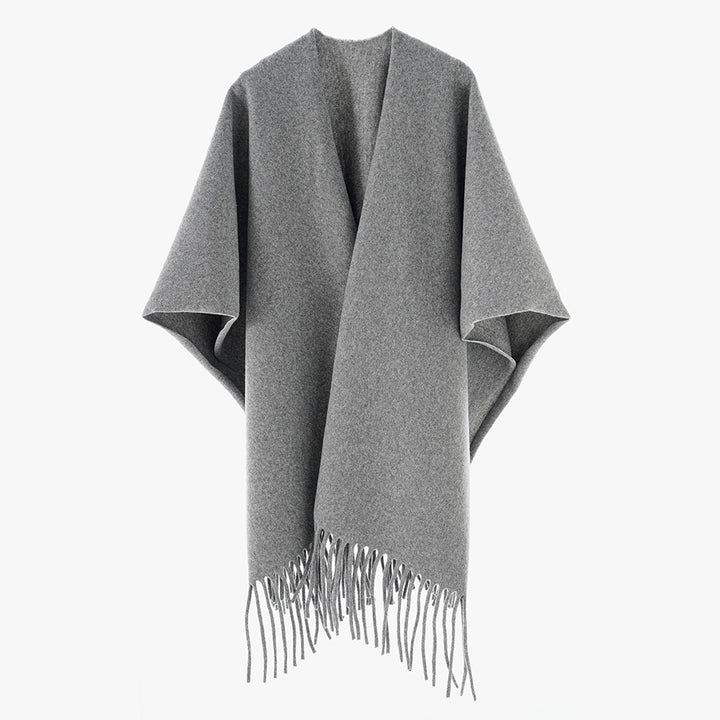Damen Minimalistischer Wollcape-Überwurf mit Fransensaum und offenem Fall Drune