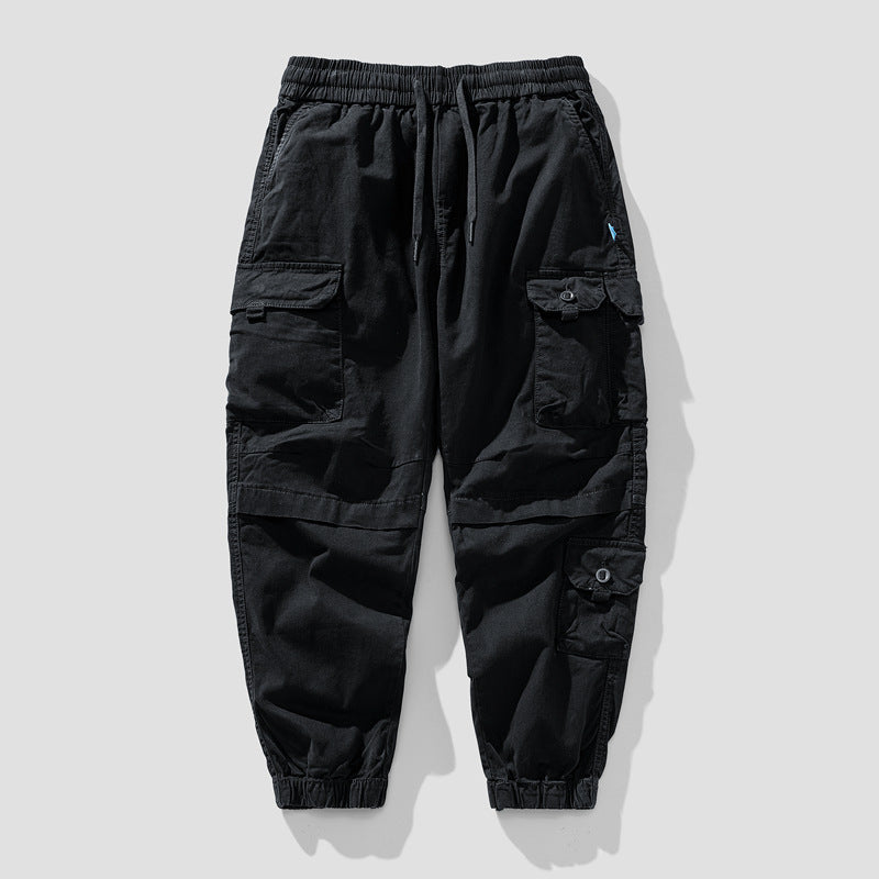 Herren Leichte Canvas-Cargohose im Joggerstil mit elastischem Bund, segmentierten Kniepaneelen und verdeckten Klappentaschen Drune