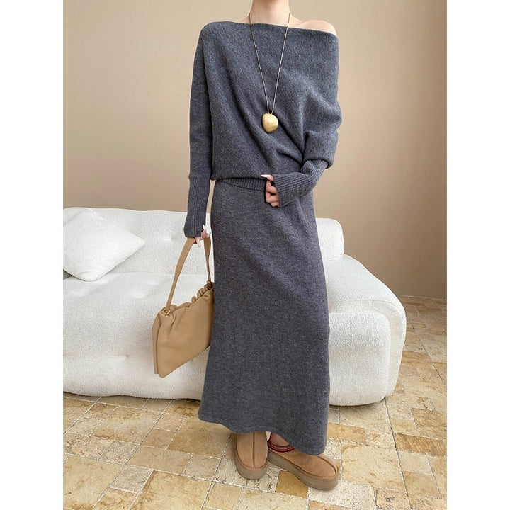 Damen elegantes Strick-Maxikleid mit asymmetrischem Schnitt und lässigem Oberteil Drune