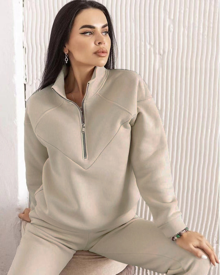 Damen Zweiteiliges Sweat-Loungewear-Set mit Troyer-Reißverschluss und elastischer Jogginghose Drune