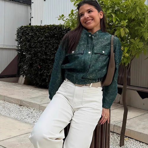 Damen modische Utility-Jacke mit Taschen und Druckknöpfen Drune