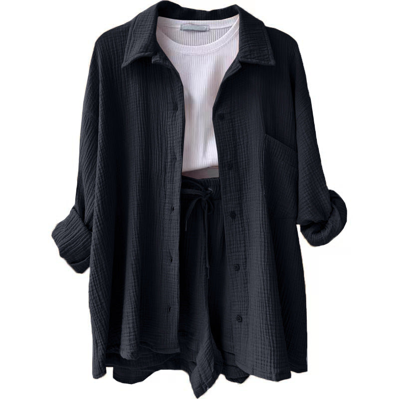 Damen lässiges Komfort-Set aus kurzem Top und Oversized-Hemd Drune