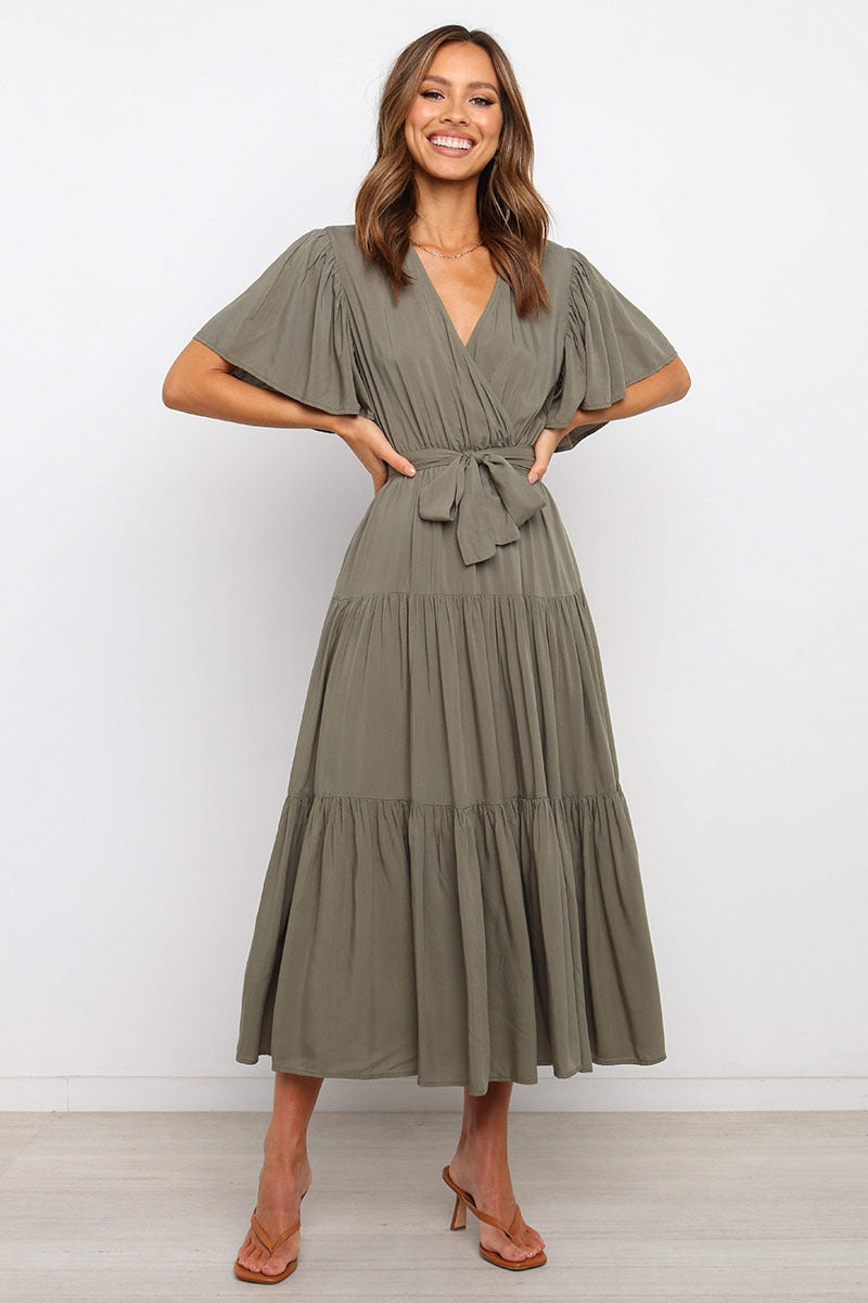 Damen Maxikleid mit tiefem V-Ausschnitt und schwingenden Ärmeln Drune