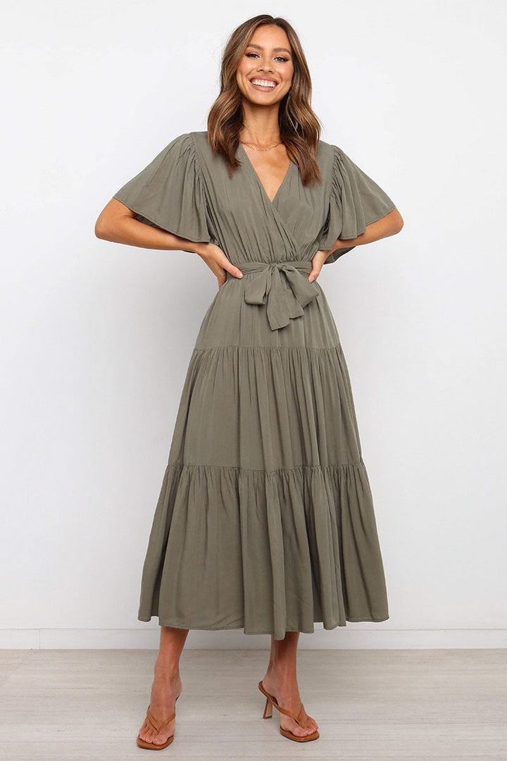 Damen Maxikleid mit tiefem V-Ausschnitt und schwingenden Ärmeln Drune