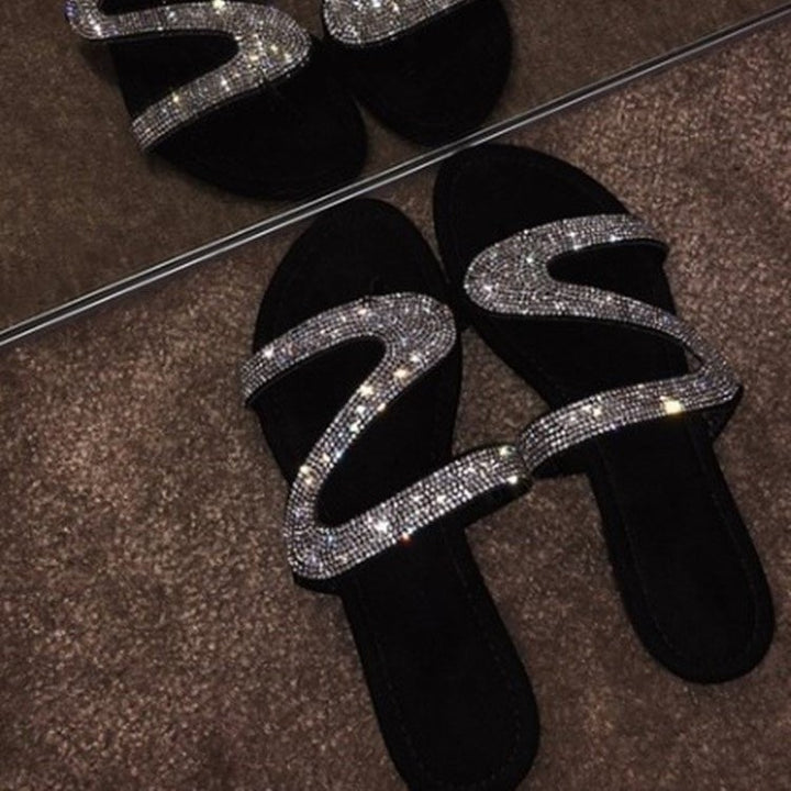 Damen Glitzer-Sandale mit geschwungenen Strass‑Riemen und gepolstertem Komfortfußbett Drune