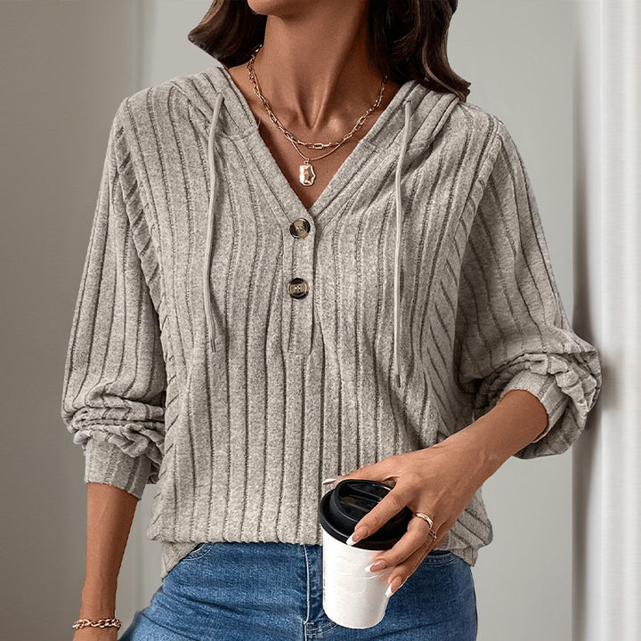Damen Kapuzensweater mit strukturiertem Rippdesign und eleganten Knopfdetails Drune