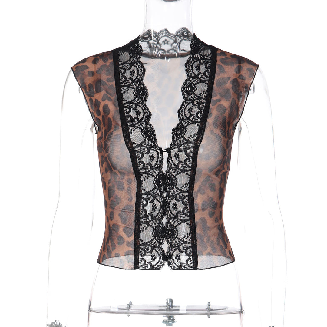 Damen Transparente Spitzenbluse mit Leopardenmuster Drune 1778568971