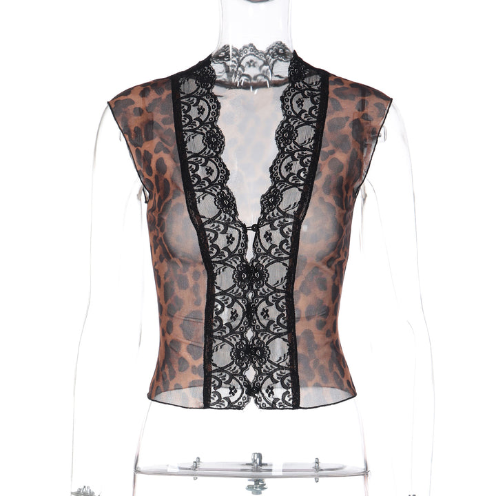 Damen Transparente Spitzenbluse mit Leopardenmuster Drune 1778568971
