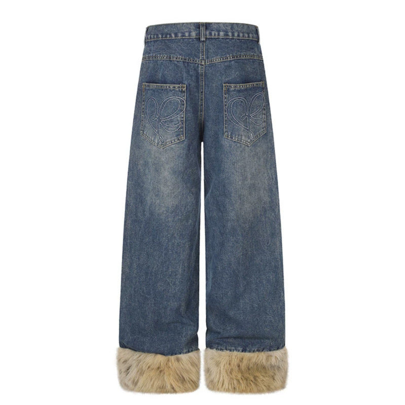 Damen Weite Denim-Palazzo-Jeans mit Fellbündchen und Nieten Drune