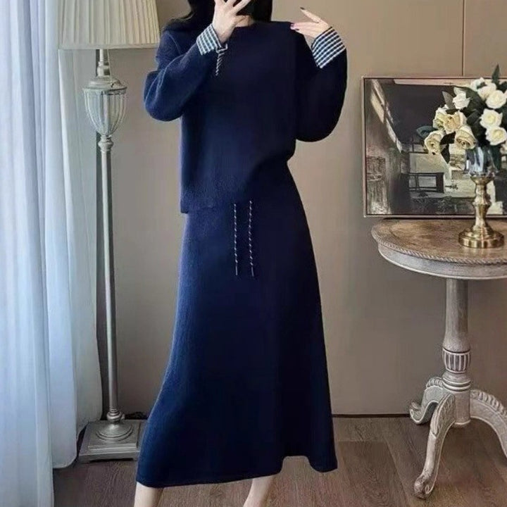 Damen Elegantes Strickkleid mit abnehmbarem Blusenkragen und Tunnelzug Drune