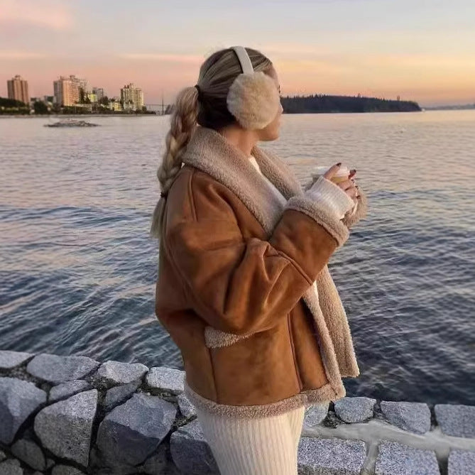 Damen kuschelige Blazerjacke im Teddy-Look mit praktischem Taschen Drune