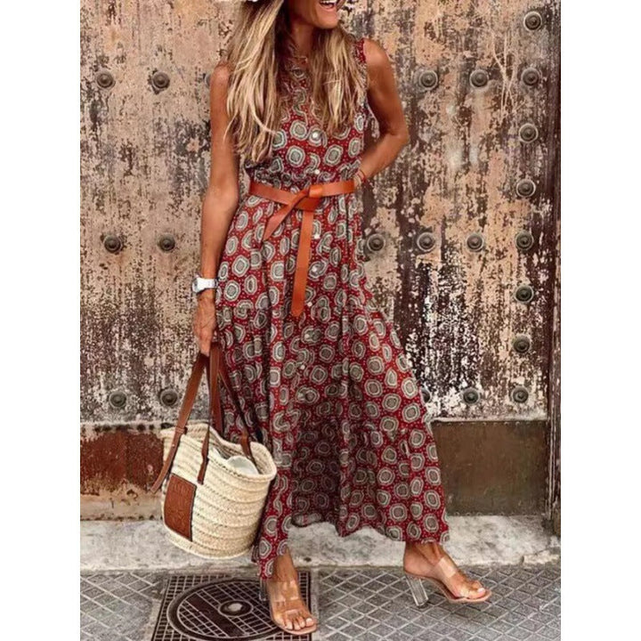 Damen Bohemian Maxi Kleid mit verstellbarem Gürtel Drune