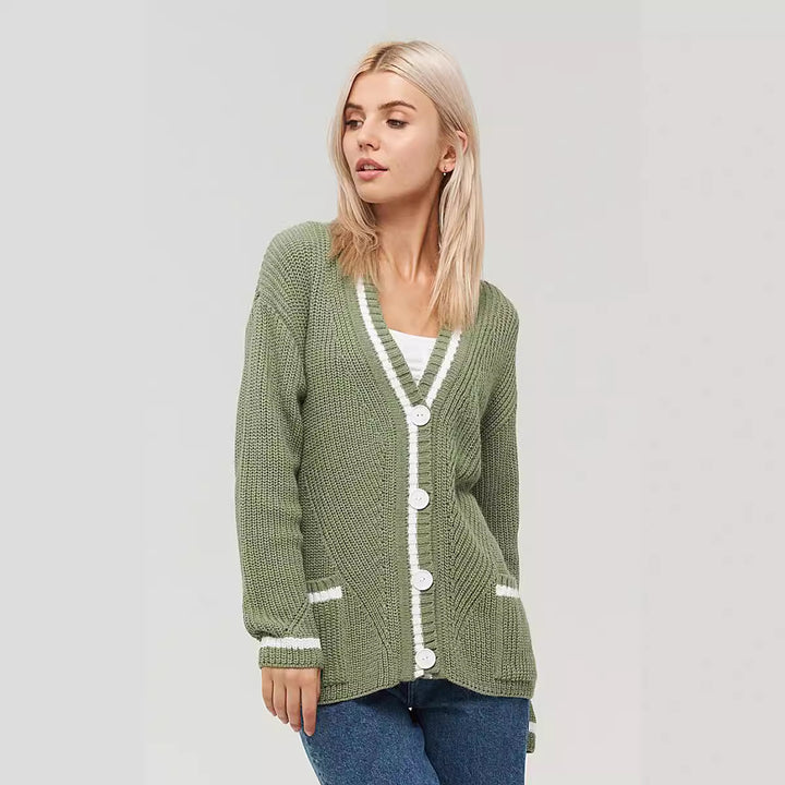 Damen gemütliche Strickjacke mit kontrastierenden Taschen und Knopfdetails Drune
