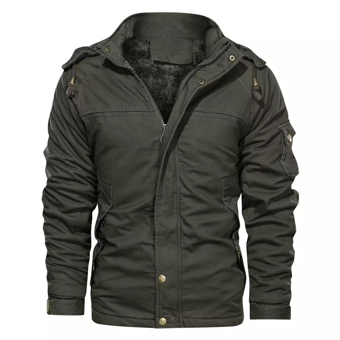 Herren robustes Canvas-Militärblouson mit wärmender Teddyfutter‑Innenlage und Kapuze Drune