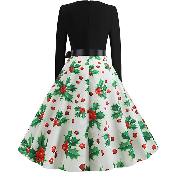 Damen Festliches A‑Linien Tellerrockkleid mit langem Arm, taillierter Passform und Stechpalmenprint Drune