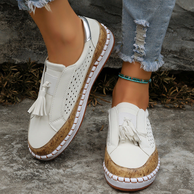 Damen lässige Slip-On Loafer mit Quaste perforiertem Obermaterial und Korkdetails Drune