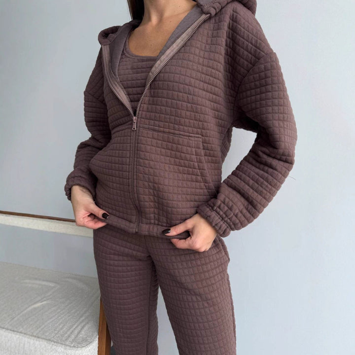 Damen Gestepptes Loungewear-Set mit Reißverschluss-Kapuzenjacke, Cropped Bustier und hochtaillierter Jogginghose Drune