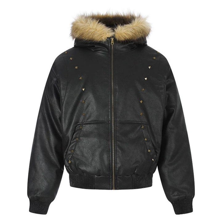 Damen Kunstleder-Bomberjacke mit Kapuze, Kunstfellbesatz und dekorativen Nieten Drune