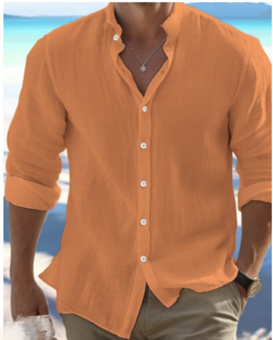 Herren nan leichtes Leinen-Blusenhemd mit Stehkragen, geradem Schnitt und durchgehender Knopfleiste Drune