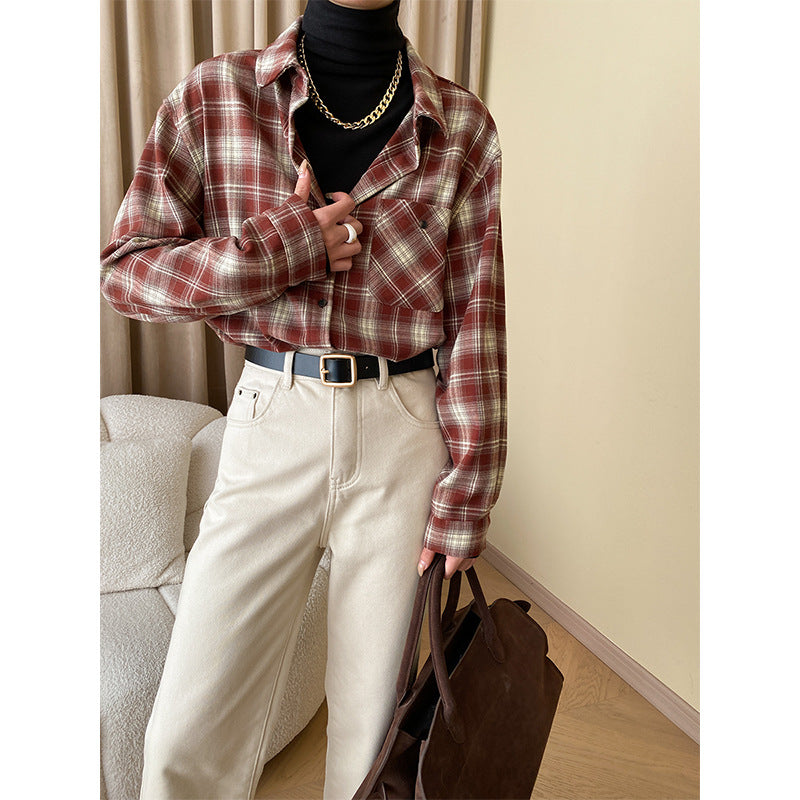 Damen lässige kariert Hemdbluse mit Brusttasche und bequemen Schnitt Drune