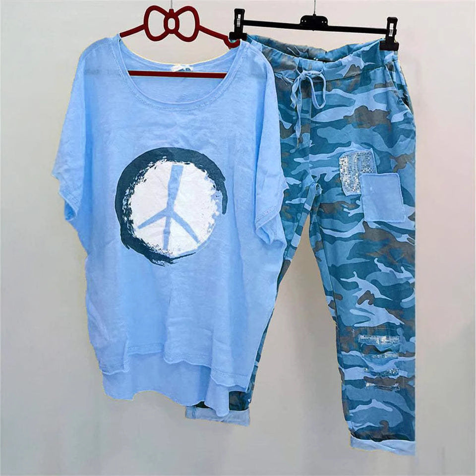 Damen nan lässiges Freizeit-Zweiteiler mit weit geschnittenem Leinenoptik-Shirt, Peace-Symbol und Camouflage-Jogpant mit Patchdetails Drune