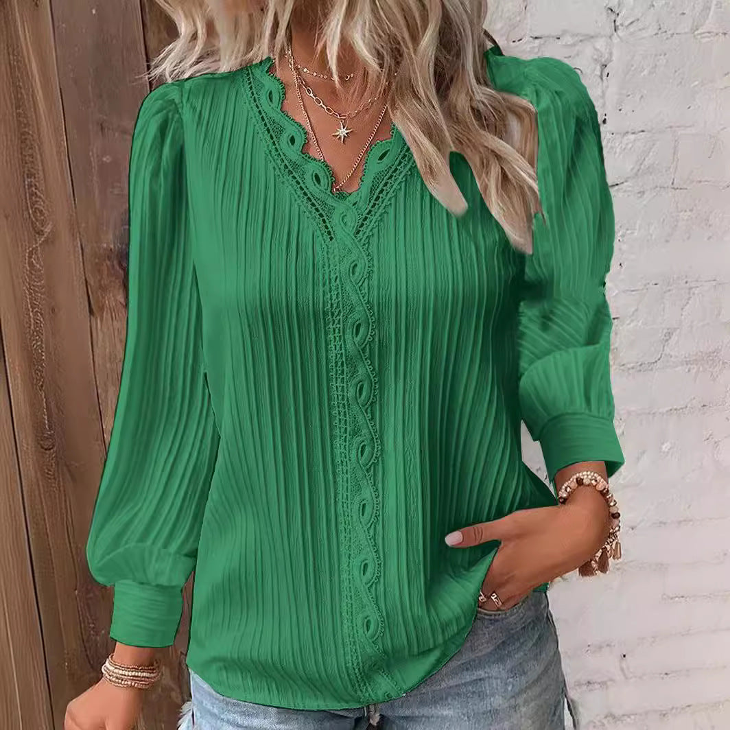 Damen nan romantische V-Ausschnitt Spitzenbluse mit Plissee und Puffärmeln Drune