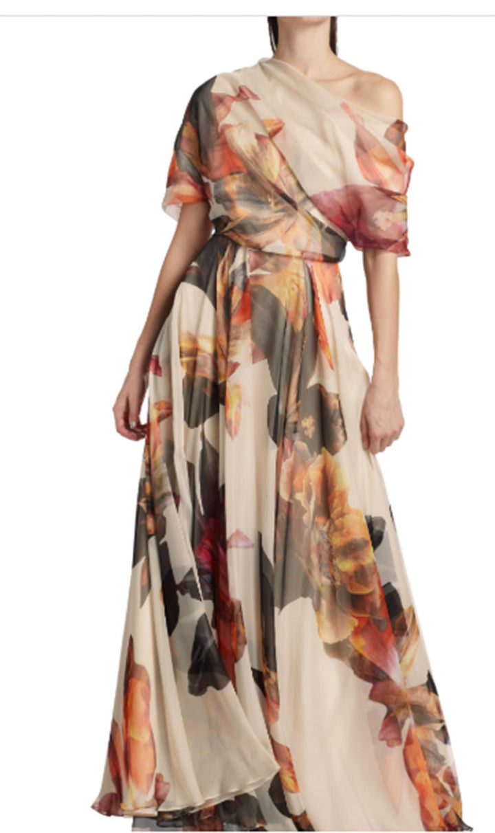 Damen elegantes Chiffon-Kleid mit schulterfreiem Design und floralem Muster Drune