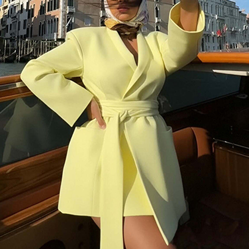 Damen Elegante Sommerjacke mit Bindegürtel und praktischen Taschen Drune