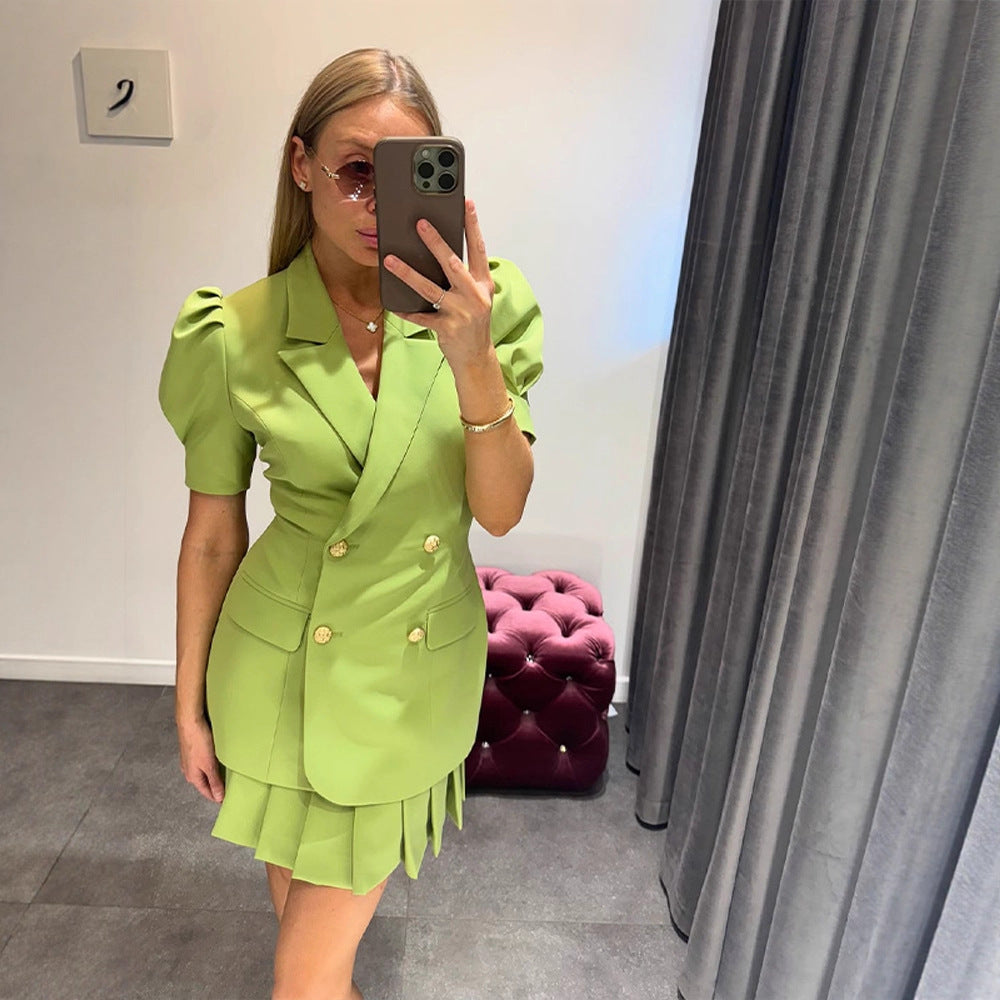 Damen Doppelreihiges Blazerkleid mit Puffärmeln und plissiertem Saum Drune