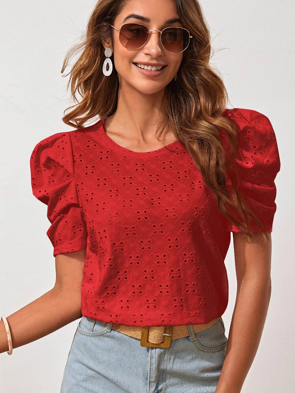 Damen Chic Kurzarmbluse mit Puffärmeln und Lochmuster Drune