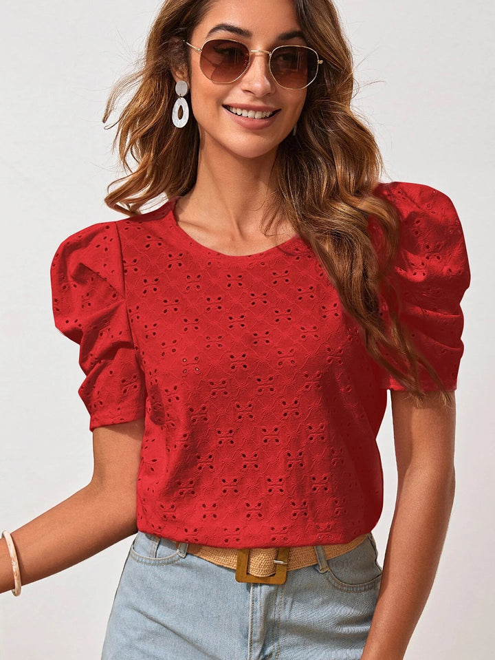 Damen Chic Kurzarmbluse mit Puffärmeln und Lochmuster Drune