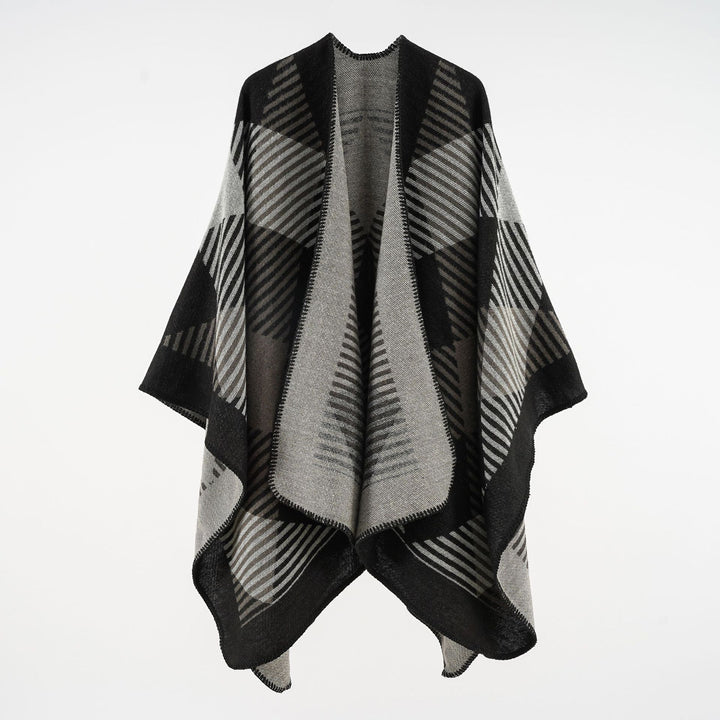 Damen Umhangponcho aus Wollmix mit geometrischem Streifen-Jacquard und offener Kantennaht Drune