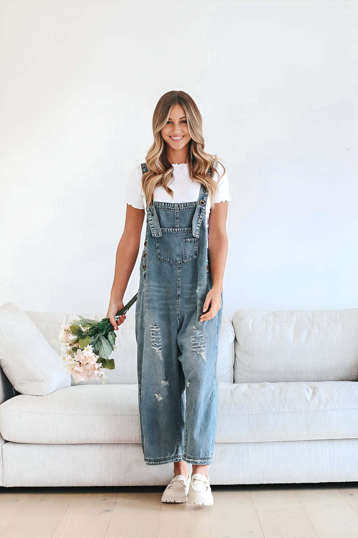 Damen nan lässige verwaschene Latzhose aus Jeansstoff mit Rissen und weitem Bein Drune