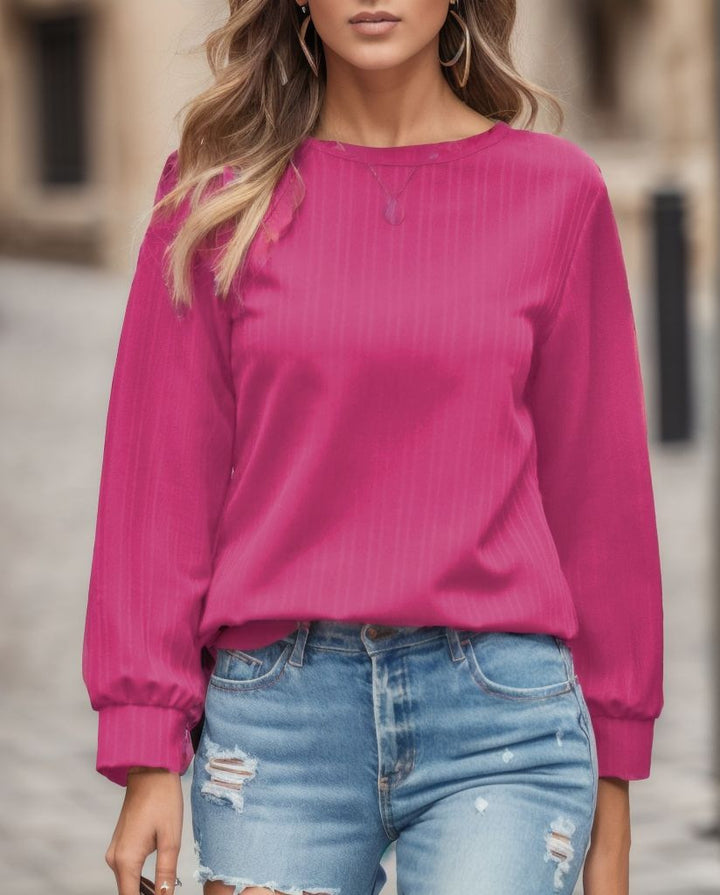 Damen modisches Oberteil mit elegantem Rippmuster und voluminösen Ärmeln Drune