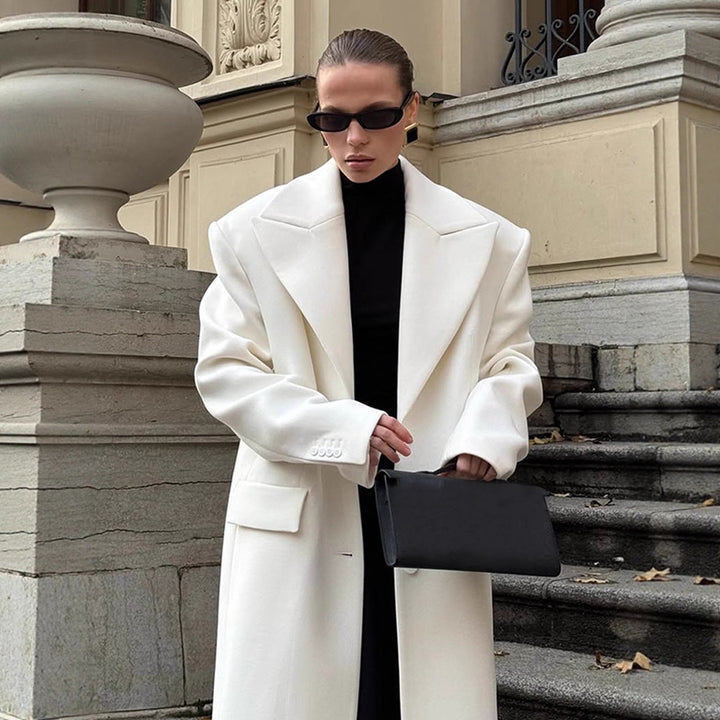 Damen Maxilanger Oversize-Wollmixmantel mit markanten Schulterpolstern und Reverskragen Drune