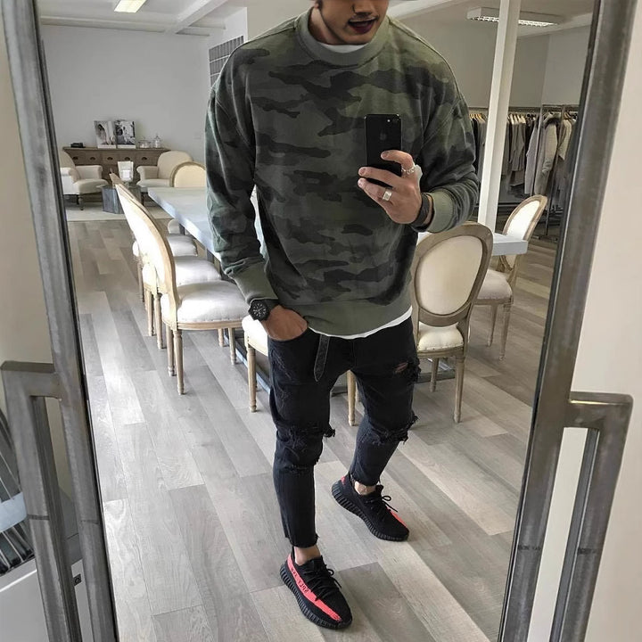 Herren Oversized Camouflage-Sweatshirt mit Rundhalsausschnitt und Rippbündchen Drune