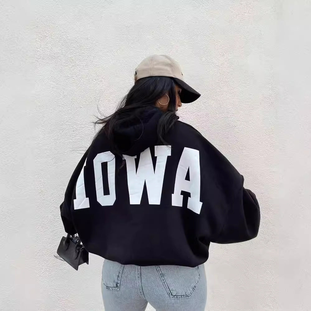 Damen Oversized Cropped Hoodie mit großem Lettering, Kapuze und relaxed Fit Drune