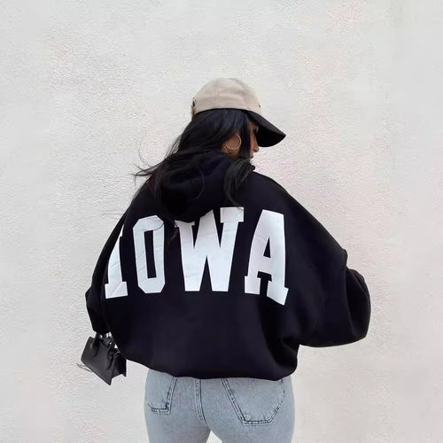 Damen Oversized Cropped Hoodie mit großem Lettering, Kapuze und relaxed Fit Drune