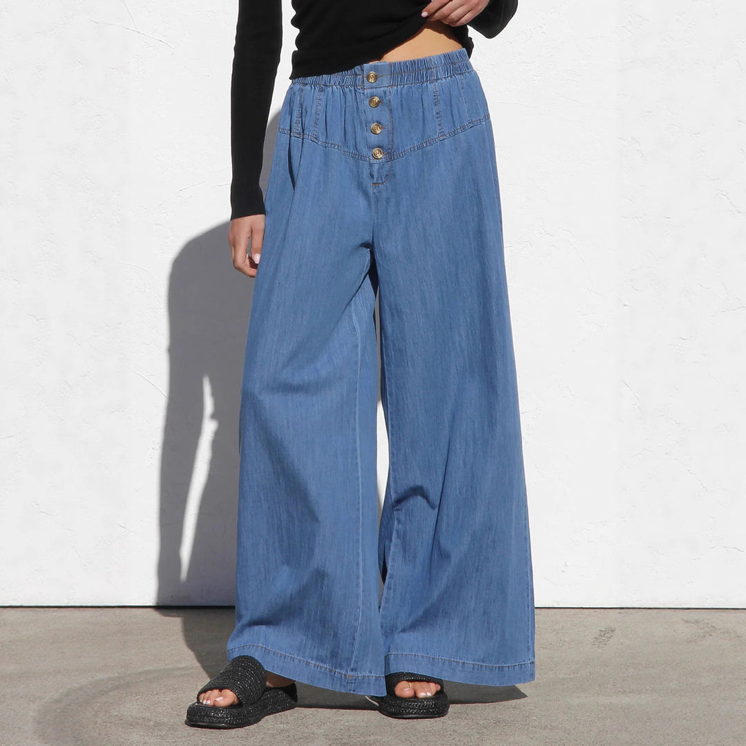 Damen nan weite Highwaist-Jeanshose mit elastischem Bund und dekorativer Knopfleiste Drune
