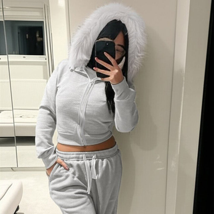 Damen Kurze Kapuzenjacke mit Reißverschluss, tailliertem Cropped-Schnitt und Kunstfellkragen Drune
