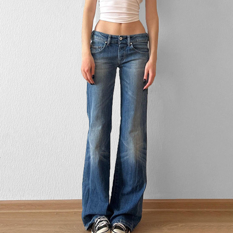 Damen hochtaillierte Schlagjeans mit dezenter Used-Waschung und ausgestelltem Bein Drune