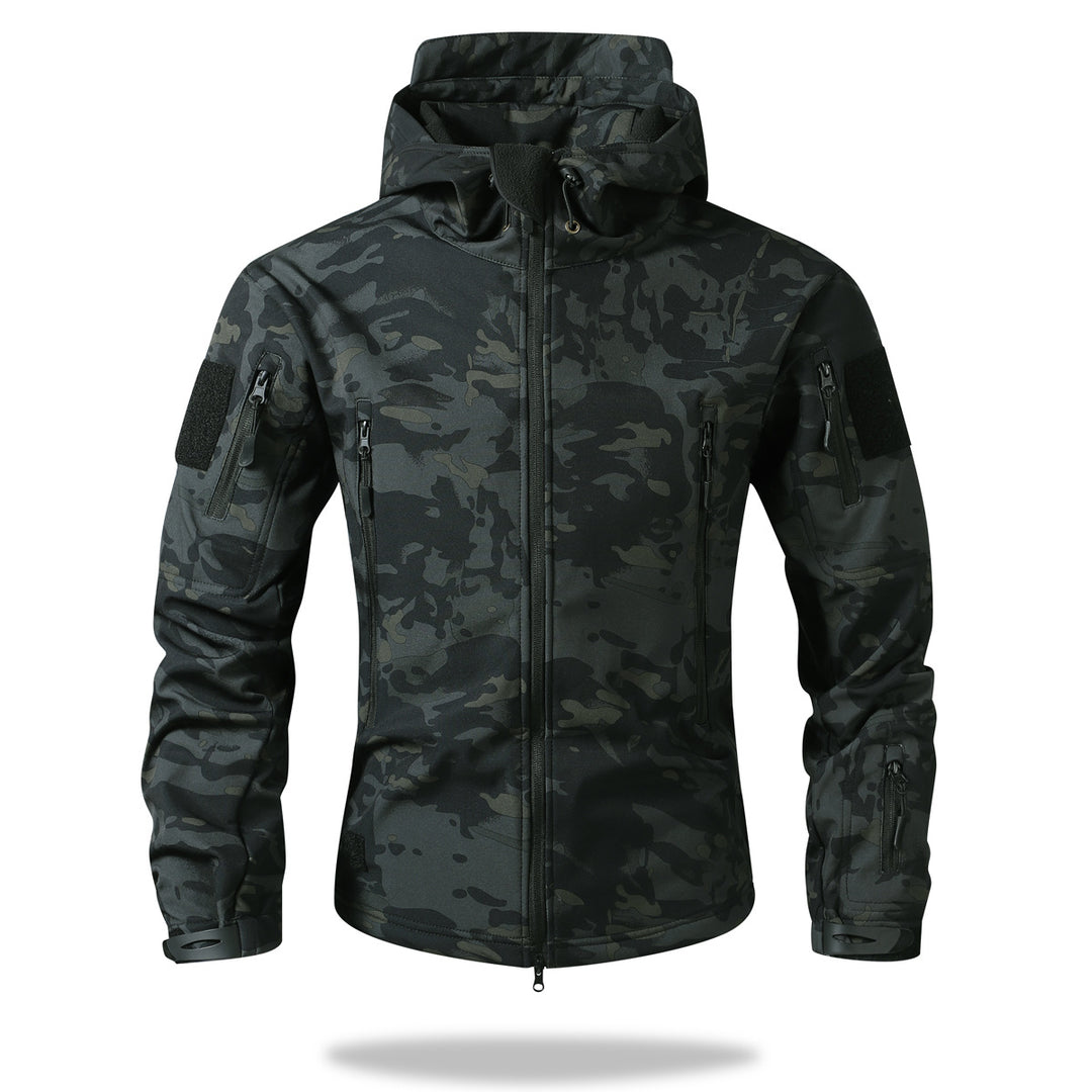 Herren Taktische Softshelljacke mit Kapuze, Camouflage‑Design und Multifachtaschen Drune