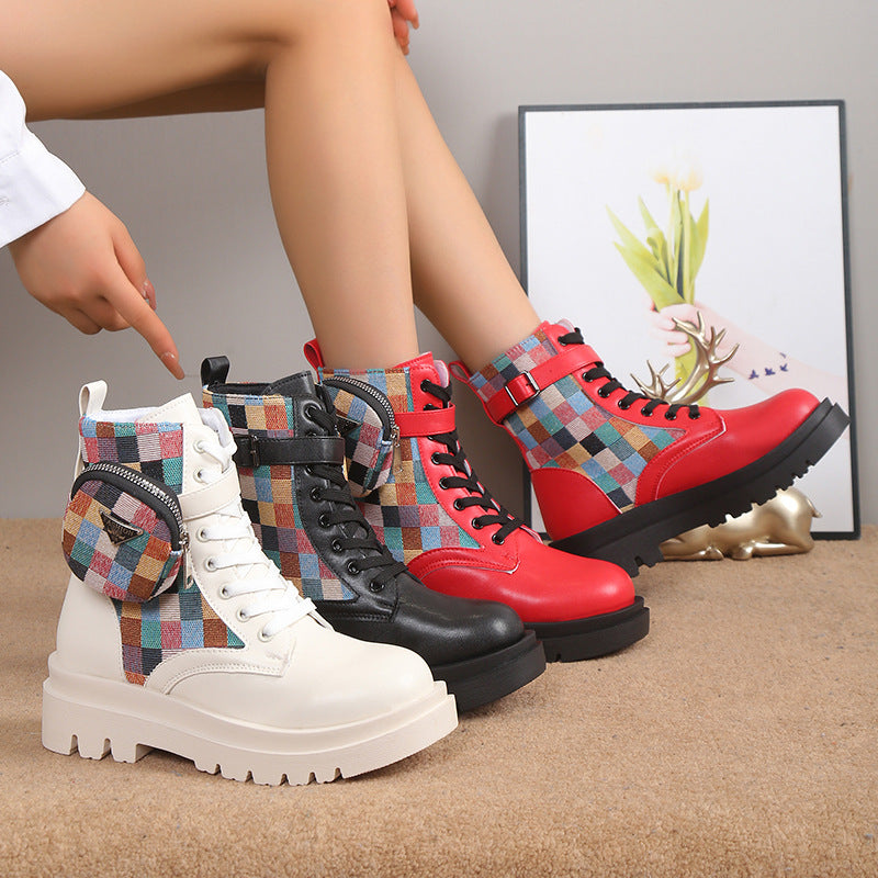 Damen modische Schnürstiefeletten mit buntem Riemendesign und praktischer Seitentasche Drune