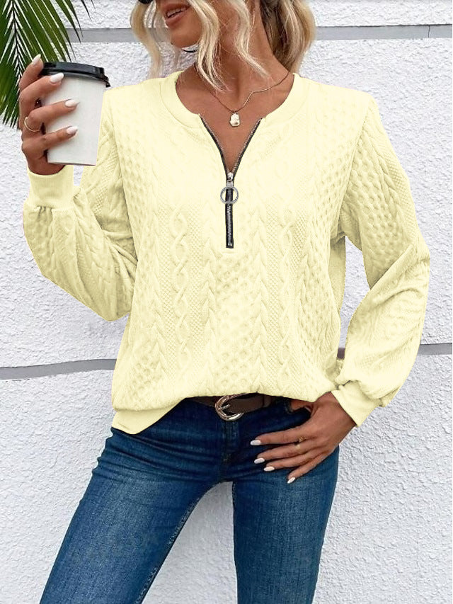 Damen grob strukturiertes Strickpullover mit Kabelmuster, halber Reißverschluss und Ballonärmel Drune